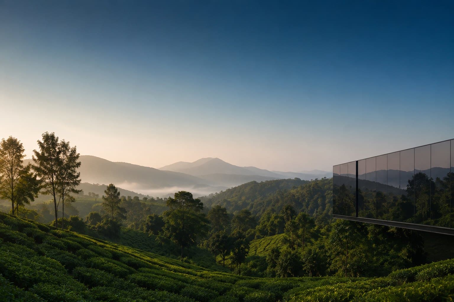 Misty green tea-garden hills at dawn meeting a modern glass building, sustainability meeting clarity.